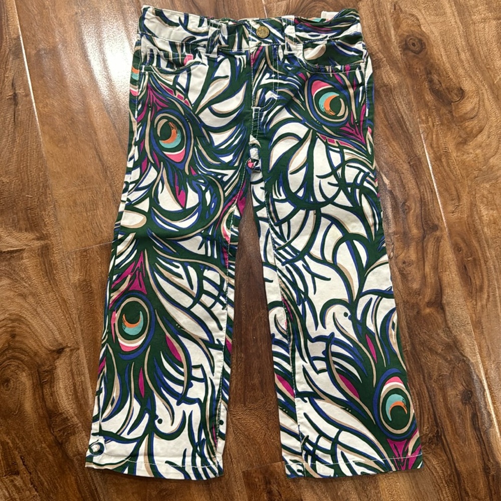 Lilly Pulitzer Kids Peacock Print Casual Pants - White, Green, Pink, Blue